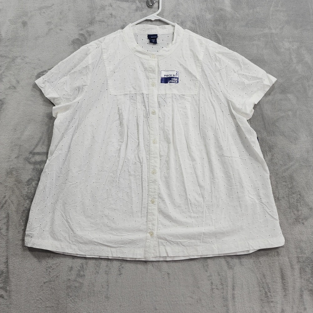 NEW Basic Editions Top Womens 2X White Eyelet 2-Piece Button Tunic Cotton Blouse